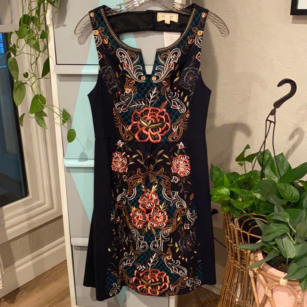 Anthropologie suede embroidered navy blue dress